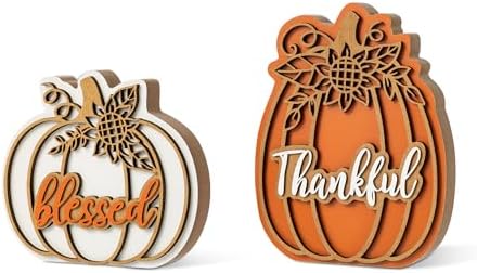 Glitzhome Thanksgiving Wooden Pumpkin Decor Set of 2 (6" & 8" H) - Blessed & Thankful Farmhouse Table Sign Decor, Fall Pumpkin Blocks for Holiday Home Decor Accents Centerpiece - Image 2