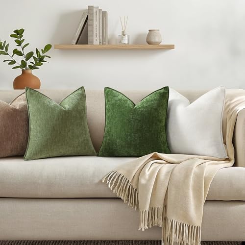decorUhome Chenille Olive Green Velvet Throw Pillow Covers 22x22 Set of 2 - Image 4