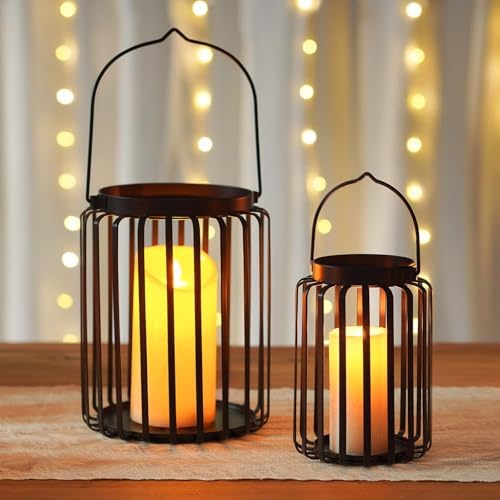 Farmhouse Lantern Decor Set of 2 - 9.5" & 14.2" Metal Candle Holders, Rustic Modern Vintage Style for Indoor Outdoor, Porch Patio Fireplace Mantle Wedding Decor (Black) by KOLNLALA