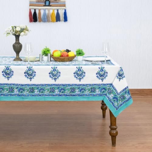 Home Spun & Crafts 48x102 Inches Rectangle Hand Block Print Tablecloth, 100% Cotton, White Blue Floral Table Cloths Washable, Traditional Indian for Dining Outdoor Thanksgiving Halloween Christmas - Image 2