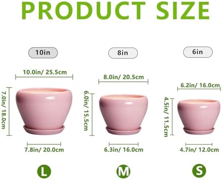 Ceramic Planters, 10+8+6 Inch Ceramic Plant Pots Indoor, Pink - Image 3