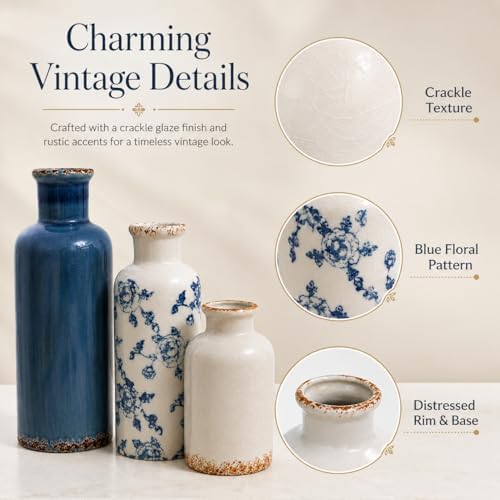 Blue Vintage Vase Set of 3, Flower Decorative Vase Ceramic Vase Set - Image 4