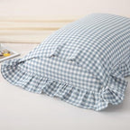 Silnuo Light Blue Plaid Gingham Ruffle Pillow Shams Queen Size Set of 2 - Image 4