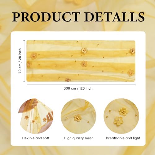 Artoid Mode Yellow Flower Pearl Yellow Gauze Table Runner 10FT 3PC, Seasonal Sheer Dining Holiday Wedding Birthday Baby Shower Table Decor for Home Party - Image 7