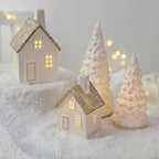 Champagne Ceramic Houses Statue Christmas Village with LED Light, Exquisite Porcelain Miniature Indoor Decorations for Home,Large House - Image 4