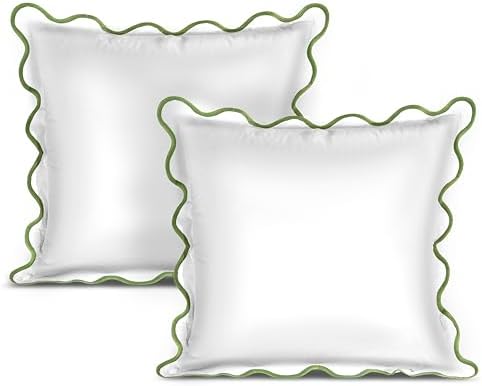 Ridhi White with Green Scalloped 100% Cotton Throw Pillow Covers 24x24 Inch by Ridhi