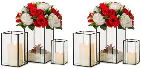Hewory Glass Hurricane Candle Holder, 6Pcs Black Rectangle Flower Holders by Hewory