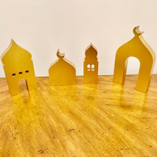 4-Pcs Masjid & Minar Decor Set (5"–7") — Elegant Contemporary Islamic Home Accent & Arabian Style Table Decor (Gold) - Image 4