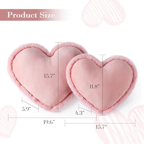 AELS Heart Shaped Pillow, Set of 2, Heart Decorative Throw Pillows, Soft Velvet Love Pillows with Faux Fur Fringe, Cute Pillow 20 & 16 Inches, Valentines Day Decorations, Wedding Decor, Pink - Image 2