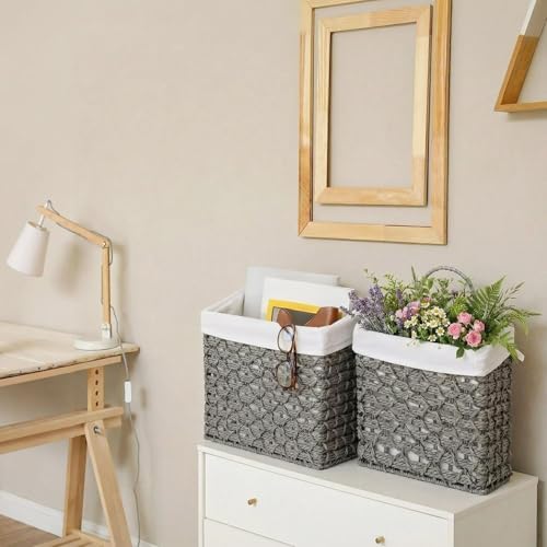 Novabright Set of 2 Wicker Hanging Basket Grey Woven Wall Baskets with Handle Liners for Front Door Organizing Mail Flower Wall Storage Basket for Farmhouse Home Decor Kitchen Bathroom Toilet Tank Top - Image 3