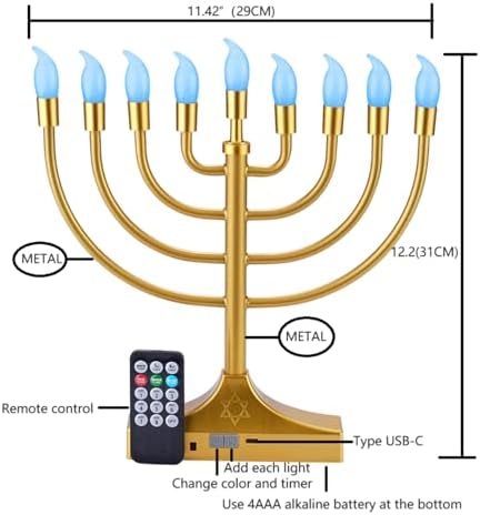 Electric Hanukkah Menorah,RGB Led Menorahs for Chanukah Decoration,Color Changing with Remote Control & Push-Button to Choose The Day and Timer Options Battery/USB Powered,Gold - Image 4
