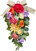 Svndlyn 24 Inch Lighted Floral Teardrop Swag with Timer, Peony and Roses by Svndlyn