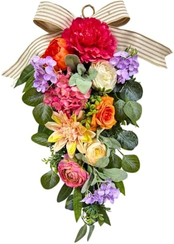 Svndlyn 24 Inch Lighted Floral Teardrop Swag with Timer, Peony and Roses by Svndlyn