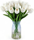 20 Pcs Fake Tulips Flowers 16" Tall, Realistic Touch Leaves, Bottle Tulip Artificial Plants Indoor for Home Decor Small Office Home Living Room-Vase Not Include -White by Unknown