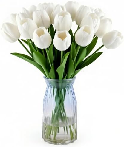 20 Pcs Fake Tulips Flowers 16" Tall, Realistic Touch Leaves, Bottle Tulip Artificial Plants Indoor for Home Decor Small Office Home Living Room-Vase Not Include -White by Unknown