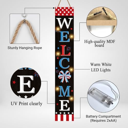 4th of July Welcome Sign with LED Lights, 47" Patriotic Wooden Door Porch Standing Decor Signs, Independence Day 250th Front Door Porch Decor, Memorial Day Home Yard Party Wall Hanging Decoration - Image 2