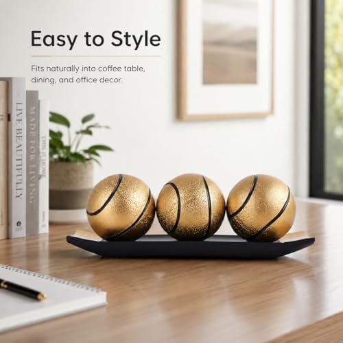 Decorative Black Gold Balls for Home Decor,3 Resin Orbs with Display Tray,Inspired Sphere Centerpiece for Coffee Table Dining Table Shelf Mantel Entryway Console Office,Basketball Decor Gift for Men - Image 5