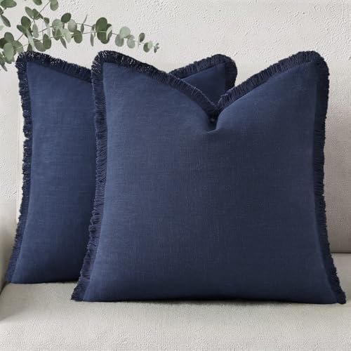 decorUhome Linen Fringe Navy Blue Throw Pillow Covers 22x22 Set of 2 by decorUhome