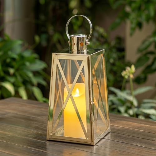 TRIROCKS Stainless Steel Decorative Lantern 12''H Metal Outdoor Candle Holder Hanging Candle Lantern with Tempered Glass for Christmas Home Wedding Living Room Parties Indoor Outdoor(Gold Trapezoid) - Image 4