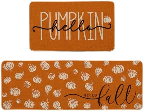 Artoid Mode Orange Hello Pumpkin Fall Kitchen Mats Set of 2 - 17x29+17x47" by ArtoidMode