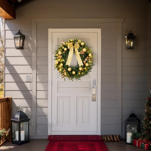 VINGLI 36 Inch Prelit Christmas Wreath, Lighted Christmas Wreath for Front Door, Window, Fireplaces, Indoor Decorate, with 100 LED Lights, 350 Tips, Bow, Pine Cones, Gold Ornaments (Plug-in) - Image 5