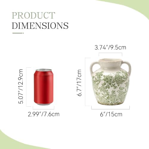 Ceramic Vase with Handles, Vintage Utensil Holder, Flower Decorative Vase Chinoiserie Decor Rustic Farmhouse Retro Floral Vases for Table Bookshelf Mantel Kitchen Living Room Office - 6.7” Green 018 - Image 2