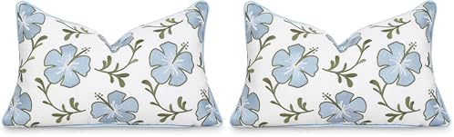 Hofdeco Premium Coastal Patio Indoor Outdoor Lumbar Pillow Cover Only, 12"x20" Water Repellent for Backyard, Couch, Baby Blue Green Embroidered Hibiscus Floral with Piping (Pack of 2) by HofdecoPremium