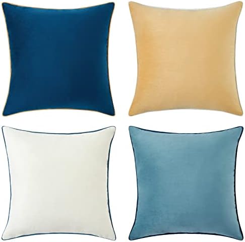 MONDAY MOOSE Decorative Throw Pillow Covers Cushion Cases, Set of 4 Soft Velvet Modern Double-Sided Designs, Mix and Match for Home Decor, Pillow Inserts Not Included (20x20 inch, Blue/Beige) by MondayMoose