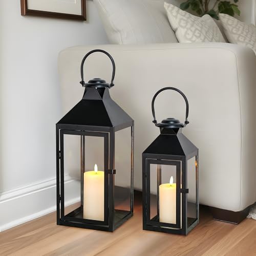 JHY DESIGN Set of 2 Black Decorative Lanterns 17.5inch&13.5inch Metal Candle Lanterns for Indoor Outdoor Events Paritie and Weddings Vintage Style Hanging Lantern - Image 6