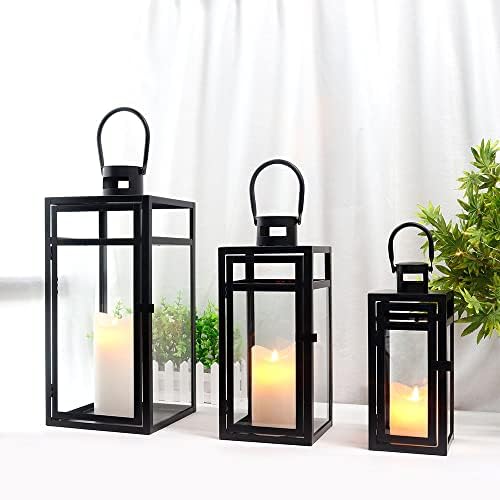 TRIROCKS Stainless Steel Lantern Set of 3 - Assorted Sizes (12/15/19 Inch) - Tall Metal Hanging Lanterns with Clear Glass Panels, Indoor & Outdoor Home Decor for Parties & Events - Black Finish - Image 2