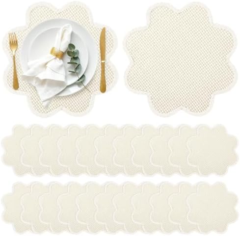 24 Pcs Scalloped Paper Rope Woven Placemats 15 Inch Beige Flower Boho Table Place Mats Rustic Woven Heat Resistant Mats Table Chargers for Dining Autumn Parties Weddings Holidays Decor by Gandeer