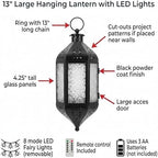 Vela Lanterns Hanging Moroccan Lantern with LED Twinkle Fairy Lights - Exotic Decorative Patio & Porch Decor, Indoor Outdoor Candle Lamp Holder with Chain (13" Large, Clear Glass) - Image 6