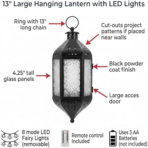 Vela Lanterns Hanging Moroccan Lantern with LED Twinkle Fairy Lights - Exotic Decorative Patio & Porch Decor, Indoor Outdoor Candle Lamp Holder with Chain (13" Large, Clear Glass) - Image 6