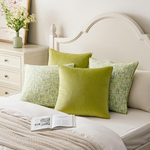 a moment Green 4 Pack Throw Pillow Covers - Chenille & Velvet Set with Piping, Farmhouse Textured Design Pillow Cases for Couch Sofa Bed Livingroom (22x22 Inch, No Insert) - Image 5