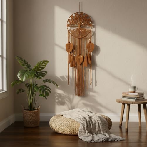 Tree of Life Macrame Wall Hanging Boho Dream Catcher Tapestry, Handmade Woven Wall Art for Bedroom Living Room Hallway Symbol of Growth Harmony Positive Energy Gift for Women - Brown - Image 4