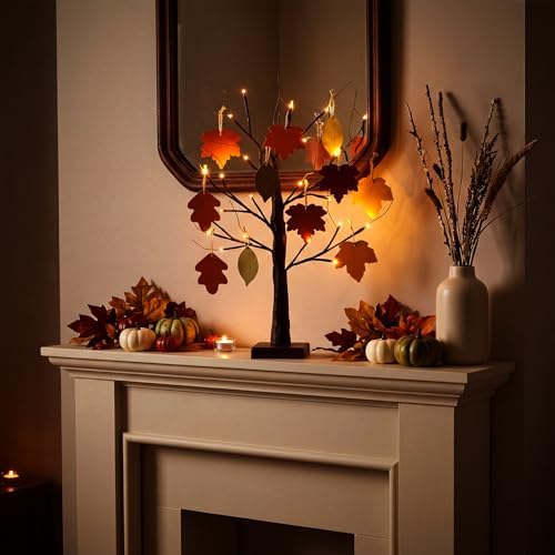 Briwooody 24'' Lighted Thanksgiving Gratitude Tree Kit, Brown Thanful Tree with 60 Leaves, Hemp Ropes & Pens, DIY Fall Decoration for Autumn Table Centerpiece Thanksgiving Gift (Battery Not Included) - Image 4