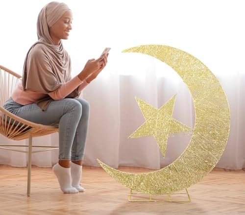 Glooglitter Pre-lit Eid Mubarak Decorations for Home Metal Eid Star Moon Crescent Light Ramadan Decorations Outdoor Lighted Night Lamp Sign with LED String for Yard Lawn Pathway - Image 5