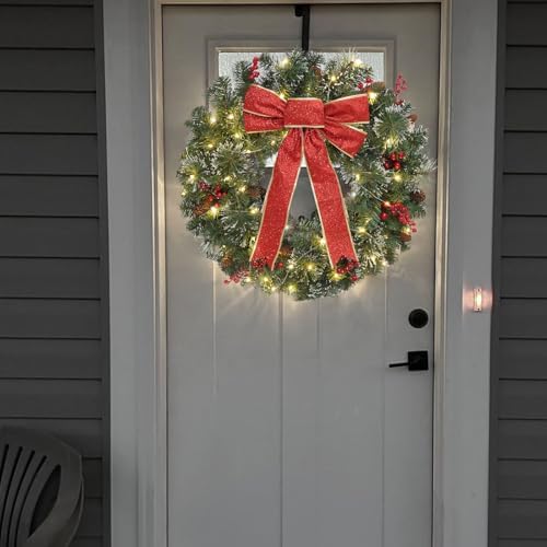 Christmas Wreath Front Door Wreath - 24 Inch Pre-Lit Outdoor Wreaths for Front Door Battery Operated 55 White Lights Bulbs Christmas Decoration Wall Wreath Outside DiliComing - Image 6