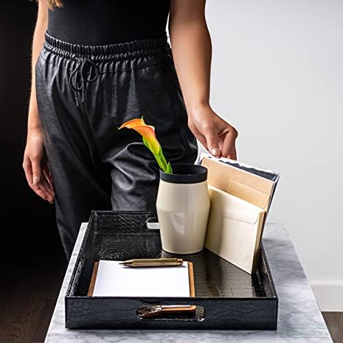 Black Leather Serving Tray with Handles, Glossy Faux Crocodile Print, 17.5x12 Food Drinks Tray for Coffee Table, Breakfast, Dinner & Bar, Decorative Storage Tray for Ottoman, Kitchen, Bedroom, Gift. - Image 3
