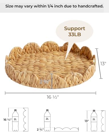 StorageWorks Elliptical Wicker Scalloped Tray, Water Hyacinth Rattan Trays - Image 2