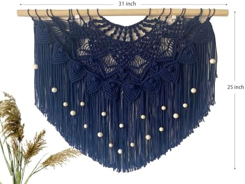 Youngeast Large Macrame Wall Hanging Boho Beaded Curtain for Window Macrame Bedroom Headboard Living Room Wall Art Tassel Tapestry Bohemian Woven Wall Decor 31" W X 25" H (Navy) - Image 2