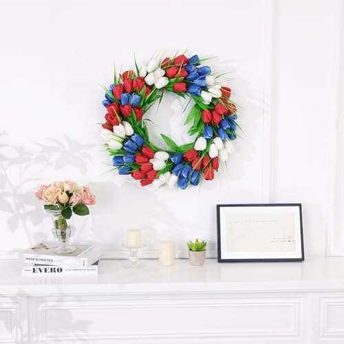 U'Artlines 20 Inch Tulip Patriotic Wreath for Front Door, Red White Blue - Image 5
