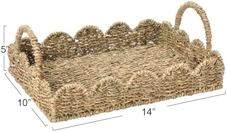 Household Essentials Seagrass Decorative Tray with Scalloped Edge, Handwoven Natural Wicker Organizer Basket with Handles & Iron Frame for Coffee Tables, Bathrooms & Countertops - Image 2