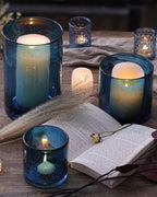 Hurricane Candle Holder Set of 3 Blue Candle Holders for Pillar Candles, Seeded Bubbles Glass Candle Holder, Blue Glass Cylinder Vases for Table Centerpieces, Home, Patio and Wedding 8" 4.7" 3.5" - Image 5