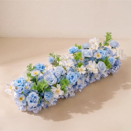36 Inch Artificial Flower Garland with Chiffon Drape, Blue and White Rose Floral Runner Arrangement, Fresh Wedding Centerpieces for Tables, Arch, Aisle, Head Table and Ceremony Decor by Unknown