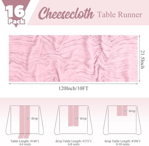 16 Pack Pink Table Runner 10FT Cheesecloth Table Runner Boho Gauze Table Runners Rustic Long Sheer Fabric Table Runners for Wedding Party Bridal Shower Farmhouse & Home Decor - Image 2
