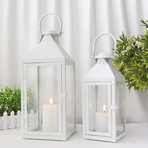 JHY DESIGN Set of 2 Cream Decorative Lanterns 17.5inch&13.5inch Metal Candle Lanterns for Indoor Outdoor Events Paritie and Weddings Vintage Style Hanging Lantern - Image 6