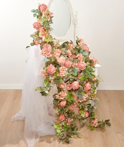 Artificial Flower Garland 2pcs 5.4ft Rose & Hydrangea Vine, Champagne Pink - Image 6