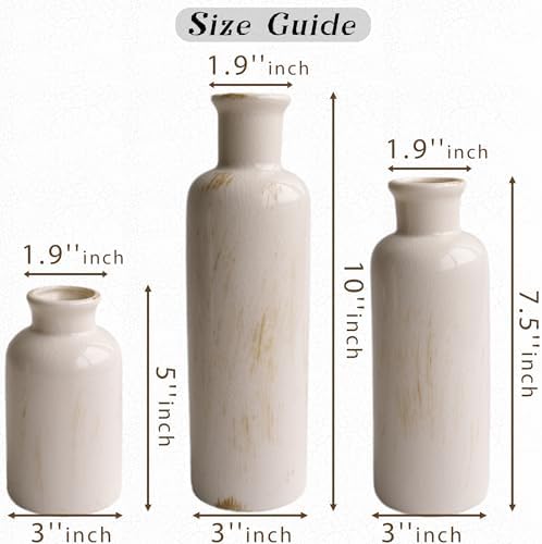 Pampas Grass with Vase Set – 3 Beige White Ceramic Vases with Natural Dried Pampas, Bunny Tails & More – Neutral Farmhouse Decor for Fireplace, Home, Mantel, Entryway, Kitchen & Boho Table Centerpiece - Image 3