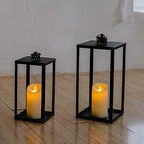 HPC Decor Black Metal Candle Lanterns Set of 2- Lanterns Decorative with Flickering Timer Candles- 16.5'' & 13'' Chunky Large Modern Farmhouse Candle Lanterns for Indoor, Outdoor, Tabletop (No Glass) - Image 3
